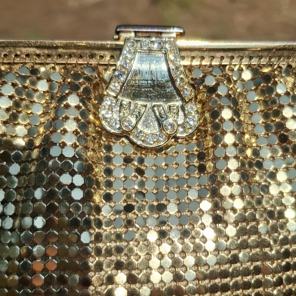 Vintage Whiting & Davis Gold Chain Mesh Art Deco Rhinestone Clasp Evening Bag - Picture 8 of 14